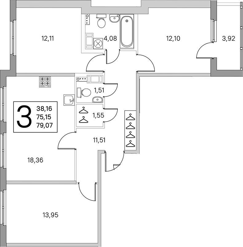 3-комнатная квартира 77.11 м², 3/4 эт., ЖК «Любоград в Стрельне»